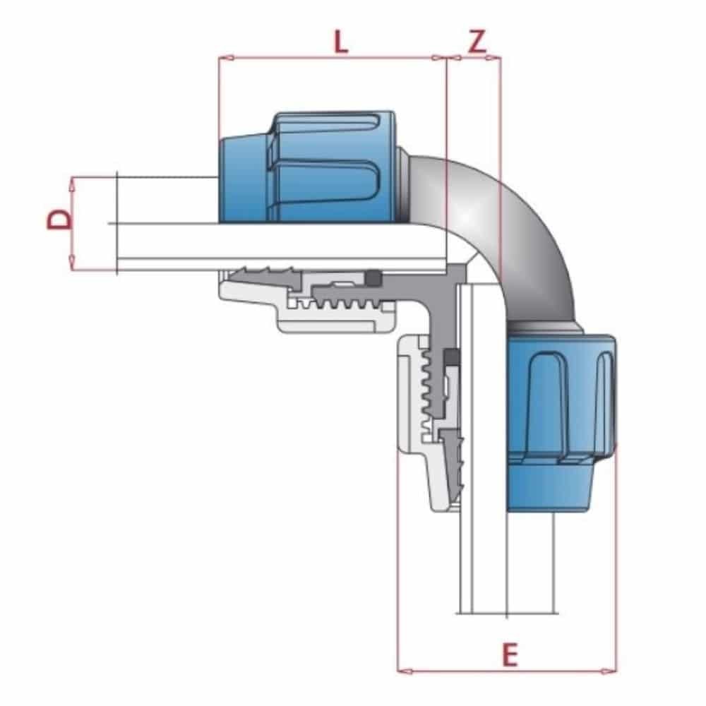 PP PE cevna spojka 90° kot 2 spojki 16 x 16-0