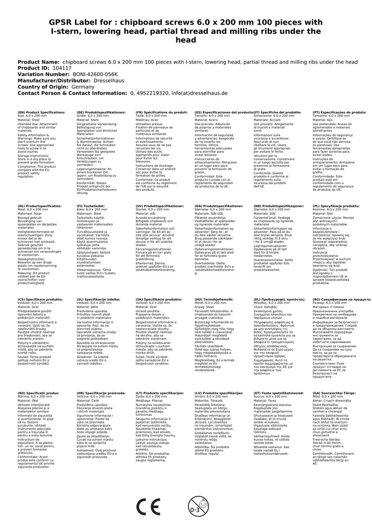 Iverne vijake 6,0 x 200 mm 100 kosov z I-zvezdo, vgrezno glavo, delnim navojem in rezalnimi rebri pod glavo-1