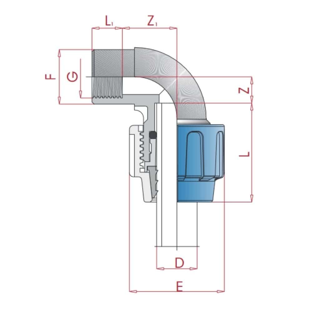 PP PE cevni spoj 90° kot 20 x 1/2" IG-0