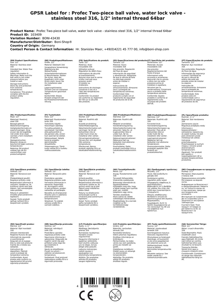 Profec dvodelni krogelni ventil, zaporni ventil za vodo - nerjaveče jeklo 316, 1/2" notranji navoj 64 barov-0