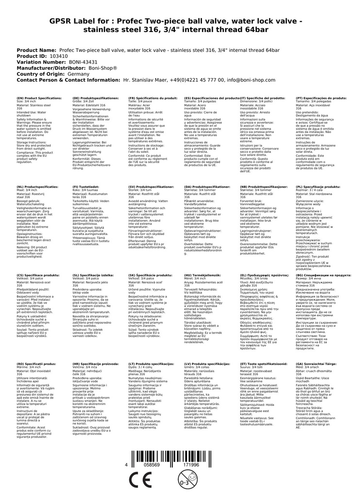 Profec dvodelni krogelni ventil, zaporni ventil za vodo - nerjavno jeklo 316, 3/4" notranji navoj 64 barov-0