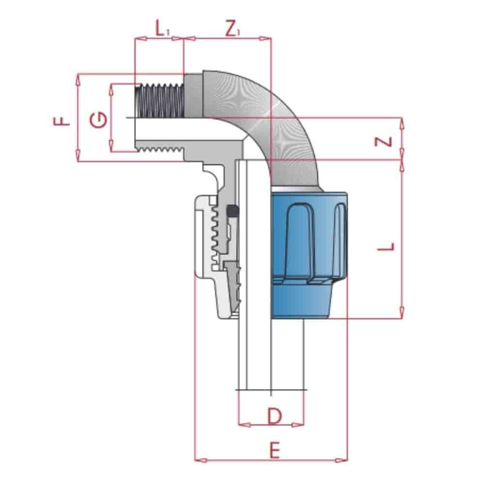 PP PE cevna spojka 90° kot 40 x 1 1/2" AG-0