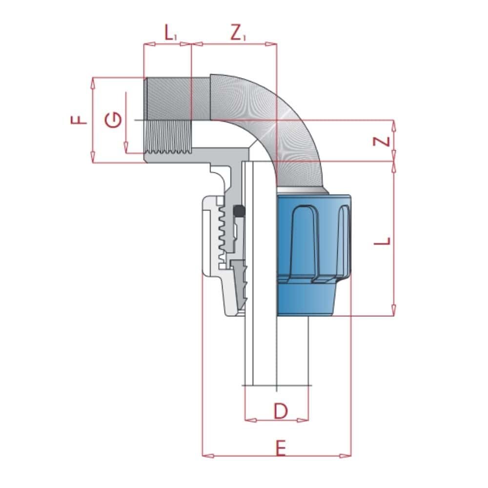 PP PE cevna spojka 90° kot 40 x 1 1/2" IG-0