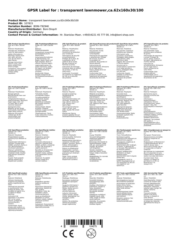 Prozorna zaščitna prevleka za kosilnico, približno 62x160x30/100-0