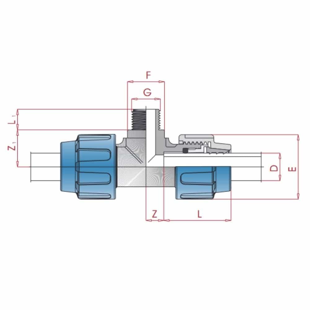 PP PE cevna spojka T-kos 25 x 1/2" AG x 25-0