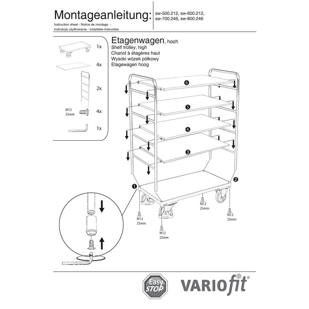 Visok voziček s 5 policami 250 kg nosilnosti Tip S + EasySTOP-0