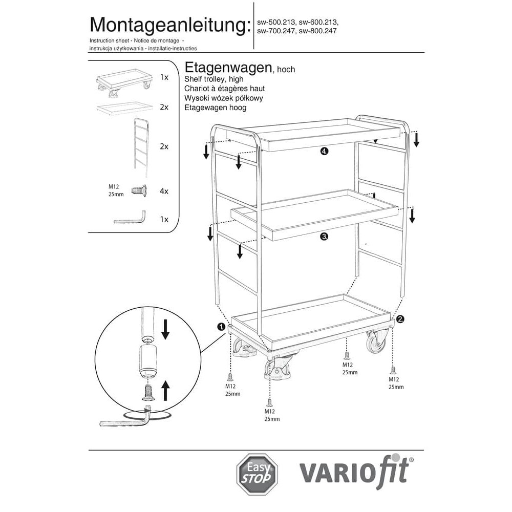 Visoka etažna voziček s 3 pladnji 250 kg nosilnosti tip S + EasySTOP-1