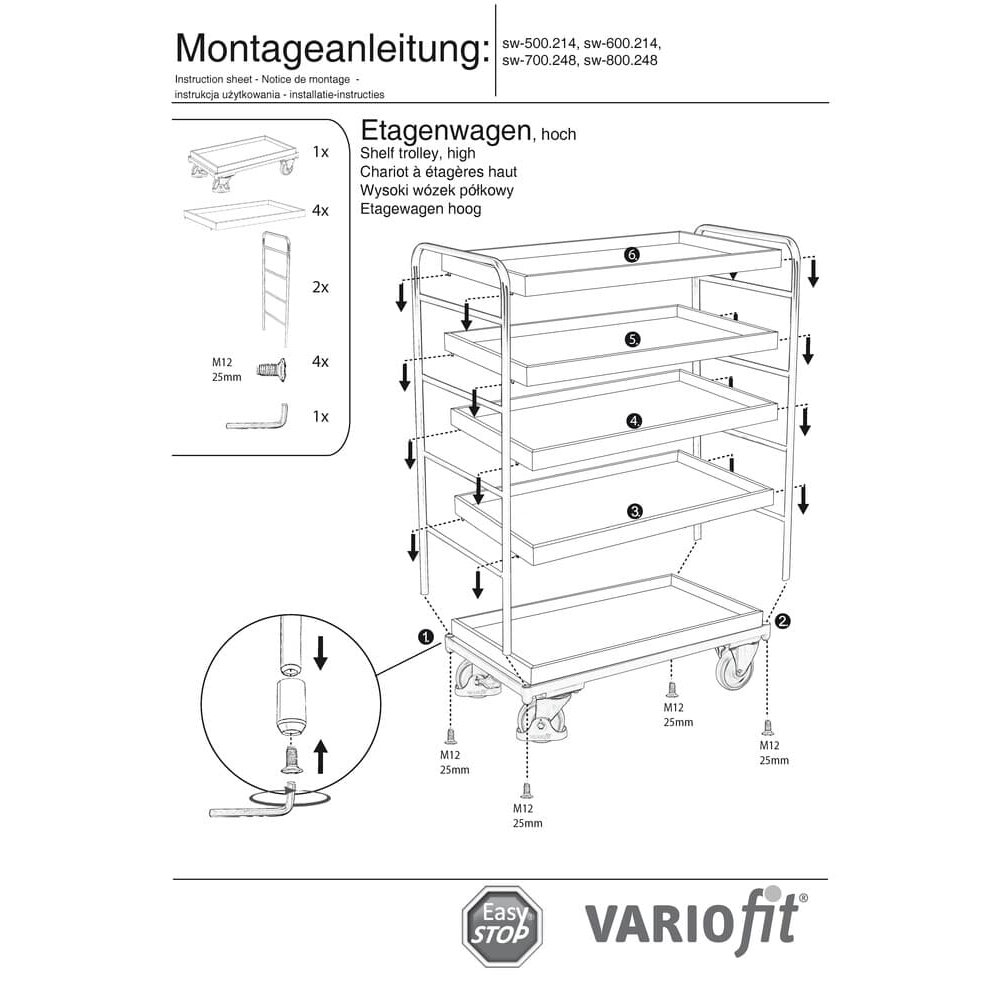 Visoki regalni voziček s 5 pladnji 250 kg nosilnosti tip S + EasySTOP-1