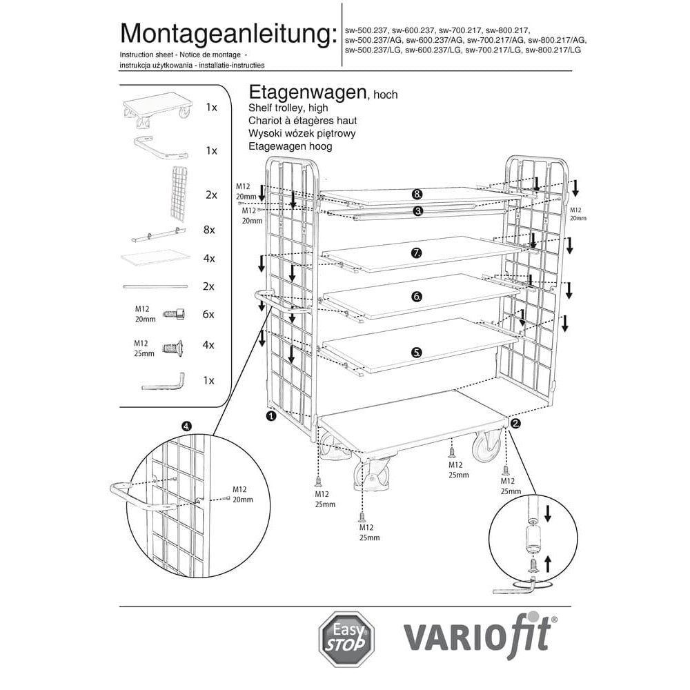 Visok paketni voziček z 2 rešetkastima stenama + 5 polic 400 kg nosilnosti Tip S + EasySTOP-0