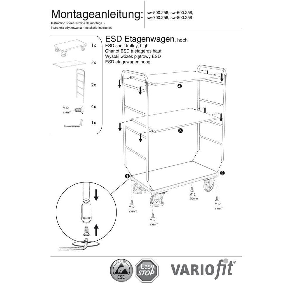 Visoki ESD večnamenski voziček s 3 policami Tip S + EasySTOP-0