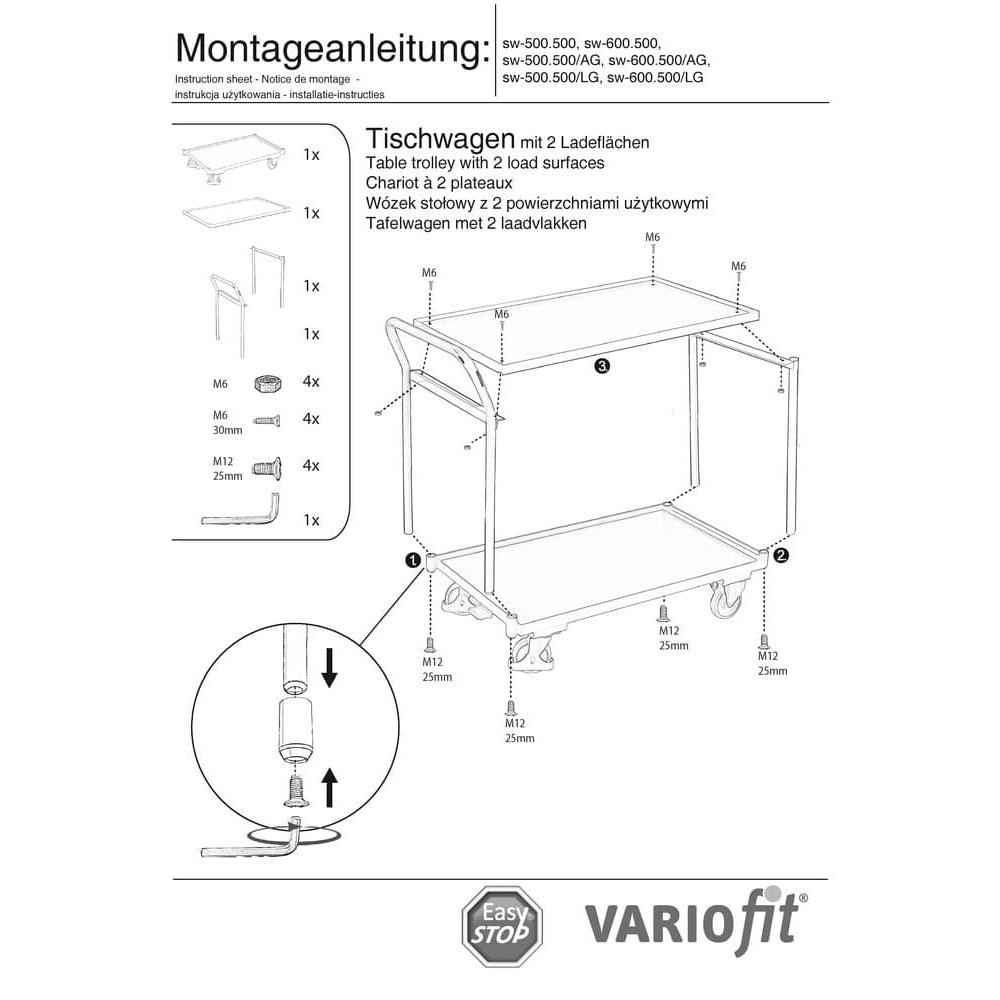 Mizni voziček 250 kg z 2 nakladalnima površinama, visokim potisnim ročajem Tip M + EasySTOP-0