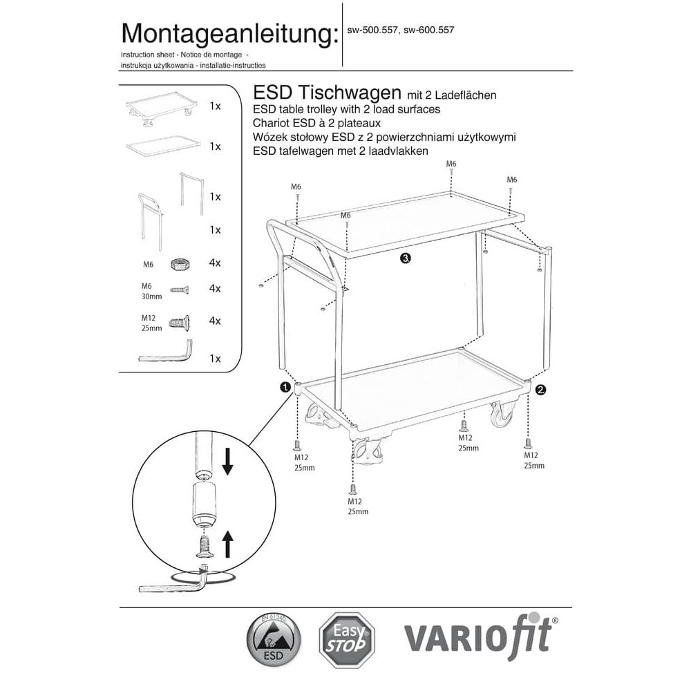 ESD voziček z mizo z 2 poličkami tipa M + EasySTOP-0