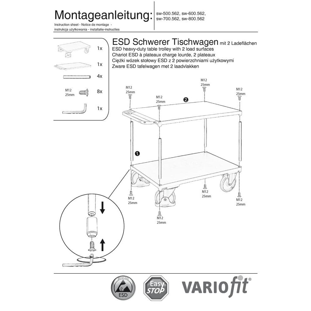 Težki ESD mizični voziček z 2 nakladalnimi površinami Tip S + EasySTOP-0