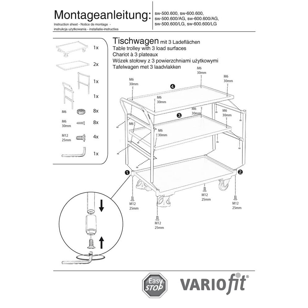 Voziček z mizo 250 kg s 3 nakladalnimi površinami visok potisni ročaj tipa M + EasySTOP-0