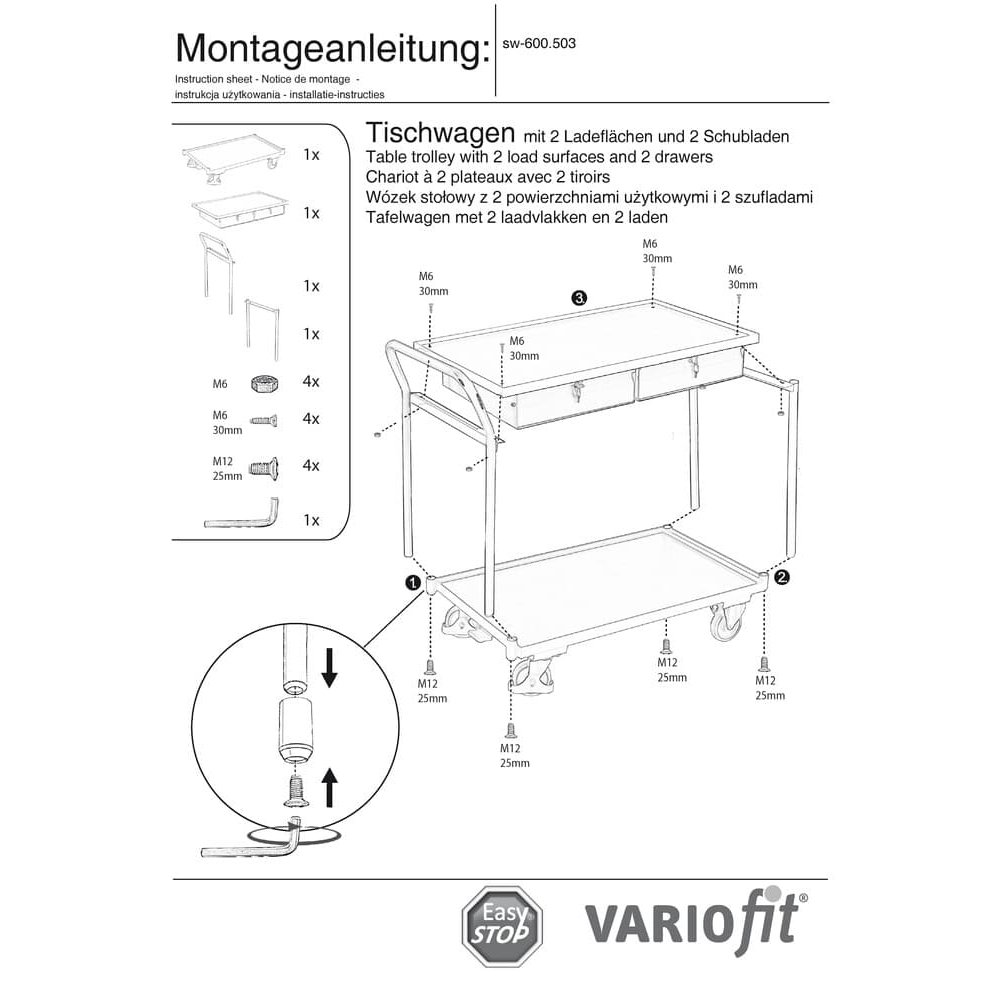 Mizni voziček 250 kg z 2 zaklenljivima predaloma visok potisni ročaj + EasySTOP-0