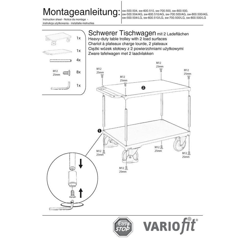 Težki mizni voziček 500 kg z 2 nakladalnima površinama tip M + EasySTOP-0