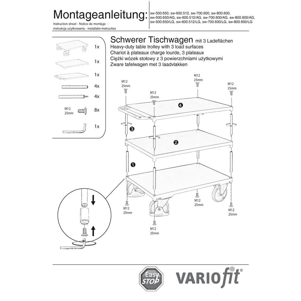 Težka miza voziček 500 kg s 3 nakladalnimi površinami Tip M + EasySTOP-0