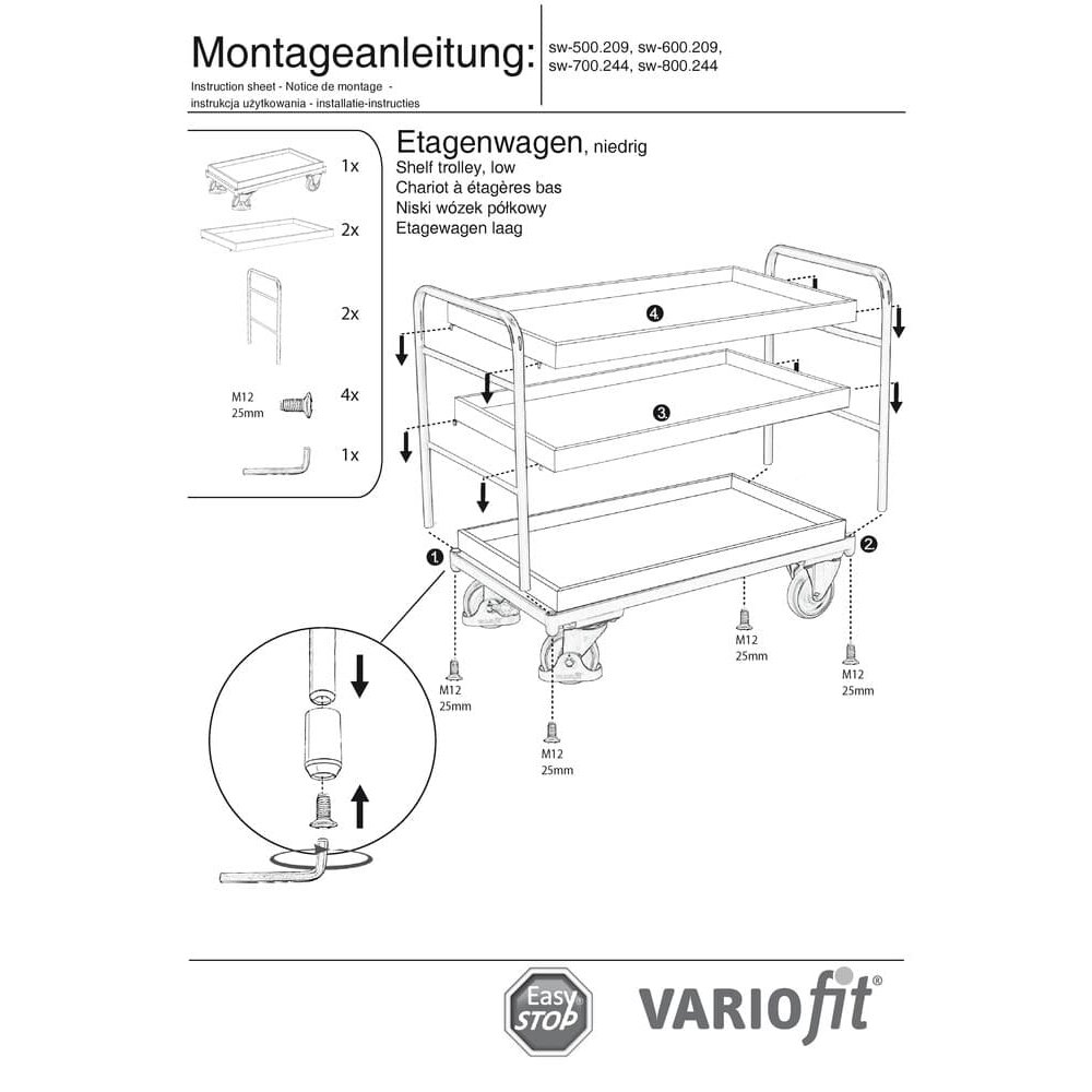 Voziček s policami s 3 pladnji 250 kg nosilnosti tip L + EasySTOP-0