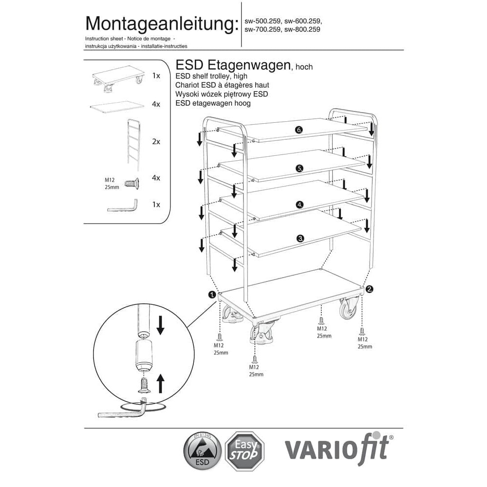 Visok ESD etažni voziček s 5 policami tipa L + EasySTOP-0