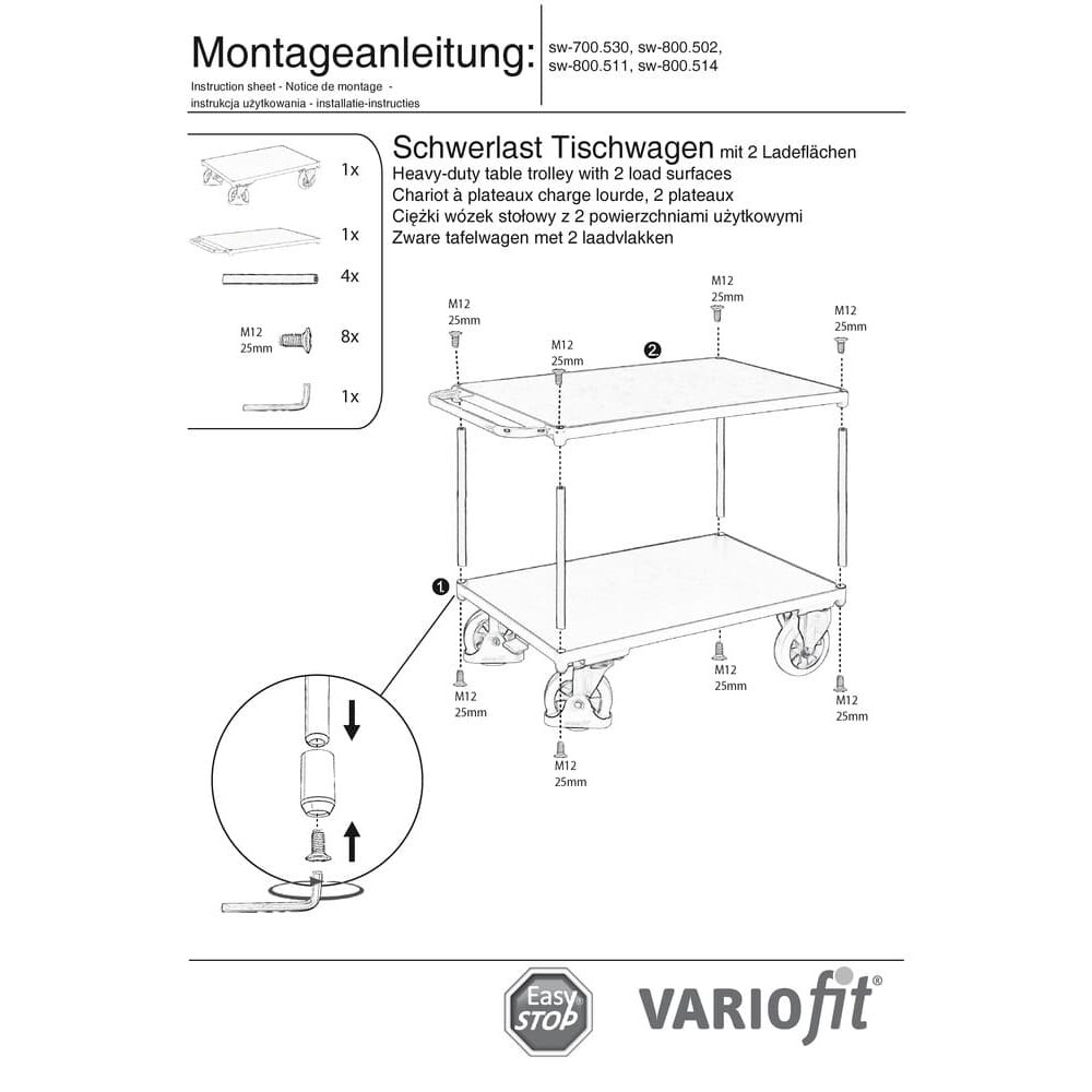 Težki voziček 1000 kg z 2 nakladalnima površinama tipa S + EasySTOP-0