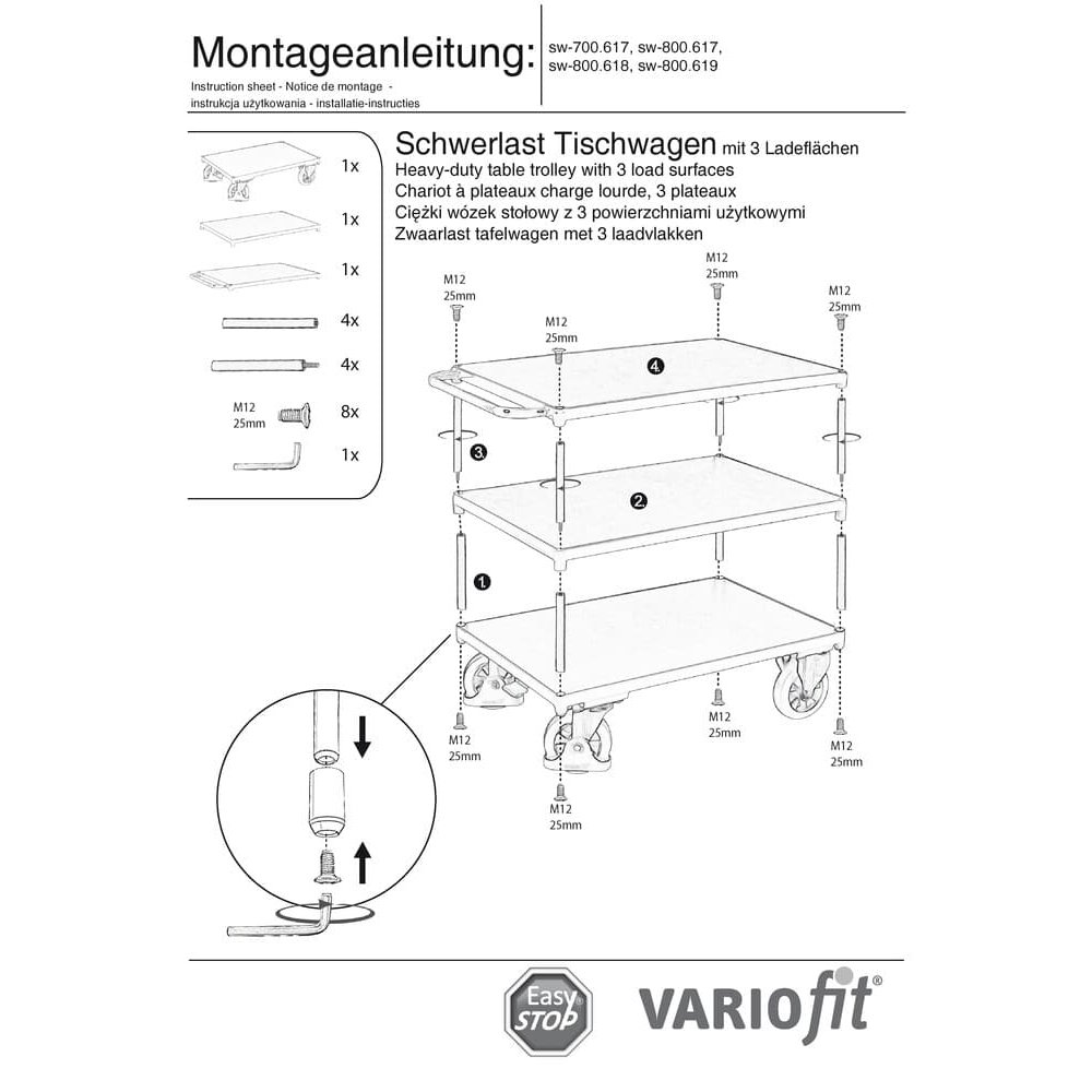 Težka miza voz 1000 kg s 3 nakladalnimi površinami Tip S + EasySTOP-0