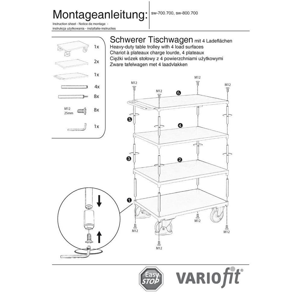 Težki mizni voziček 500 kg s 4 nakladalnimi površinami tip M + EasySTOP-0