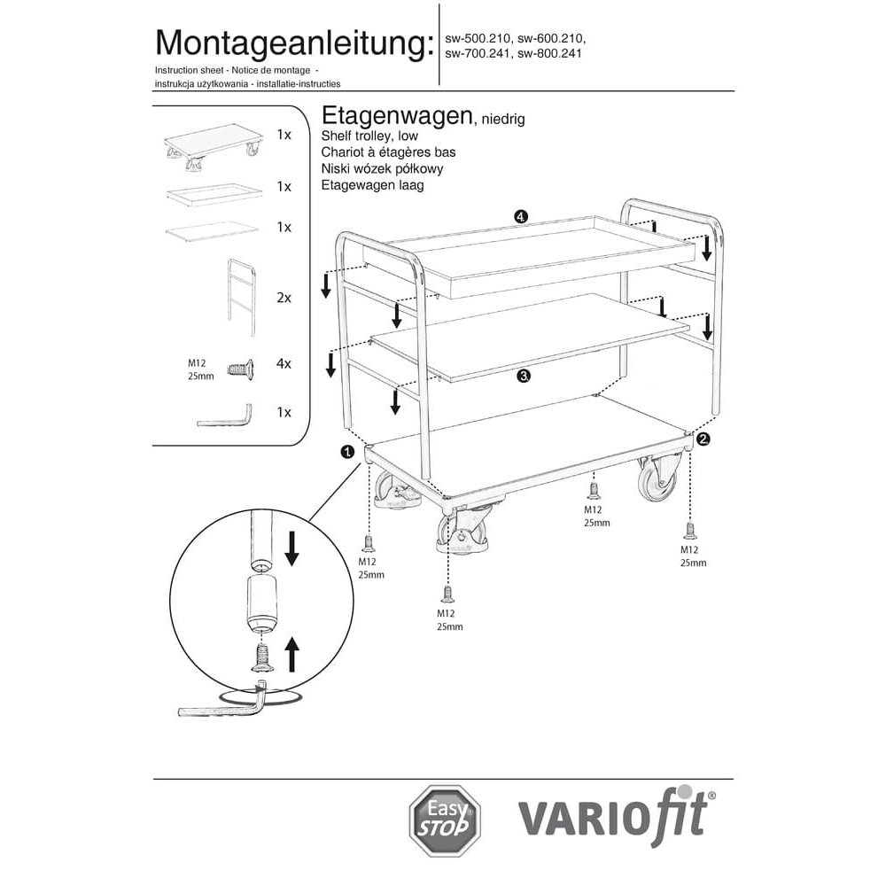 Etažni voziček z 1 pladnjem in 2 policama 250 kg nosilnosti tip XL + EasySTOP-1