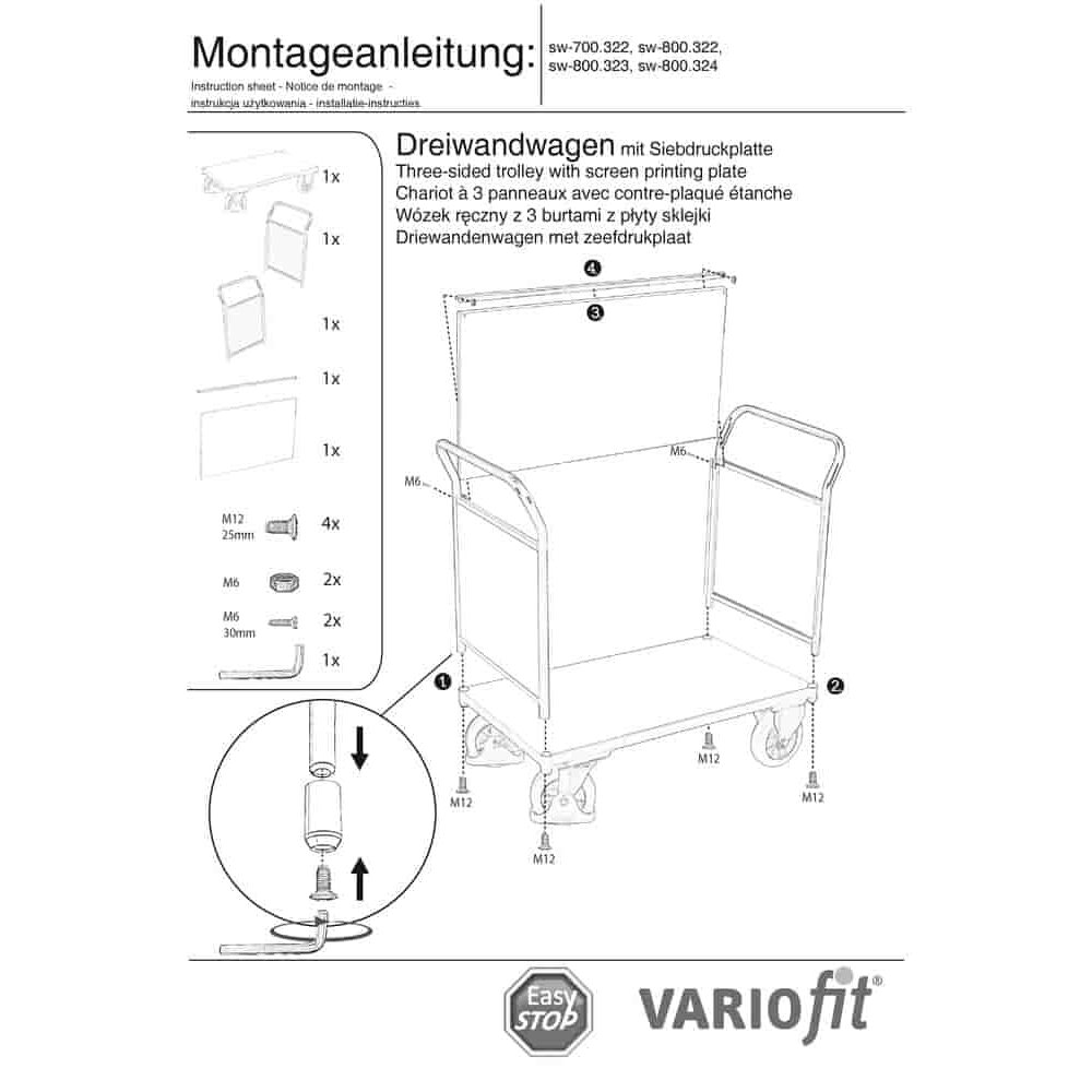 Tri-stenski voziček 1000 kg Tip M + EasySTOP-0