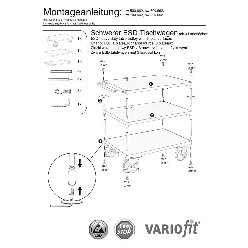 Težka ESD miza voziček s 3 poličnimi tipi XL + EasySTOP-0