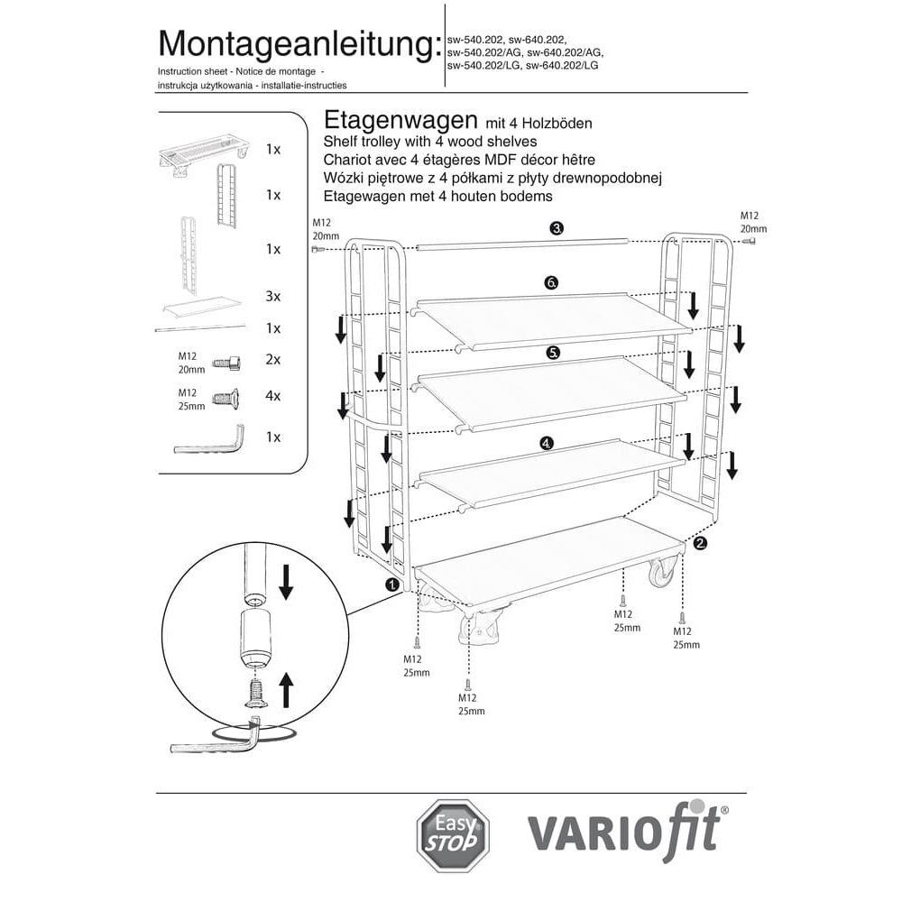 Nadstropni voziček s 4 policami 250 kg nosilnosti Tip M + EasySTOP-0