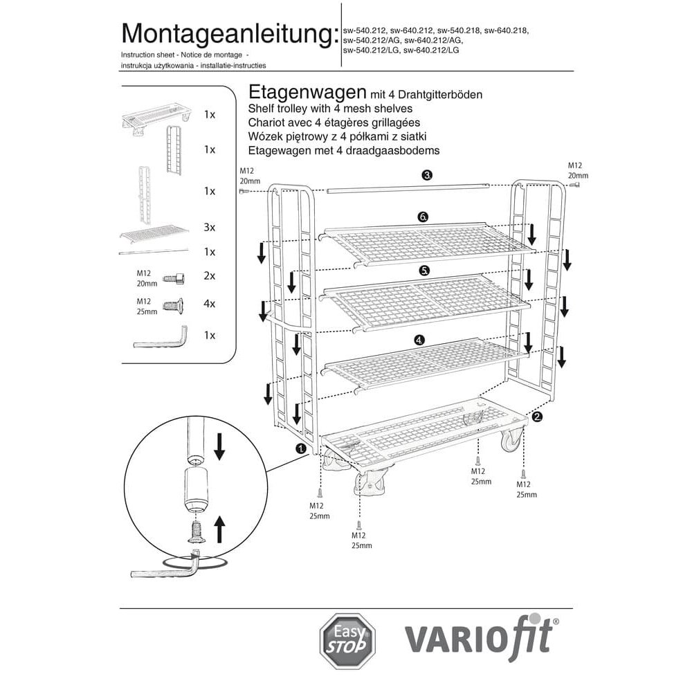 Voziček s 4 pocinkanimi žičnimi policami, nosilnost 250 kg, Tip M + EasySTOP-0