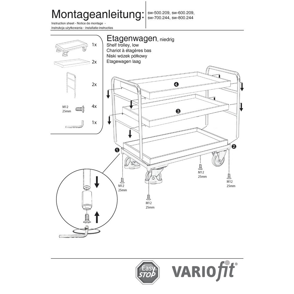 Etažni voziček s 3 pladnji 250 kg tip M + EasySTOP-1