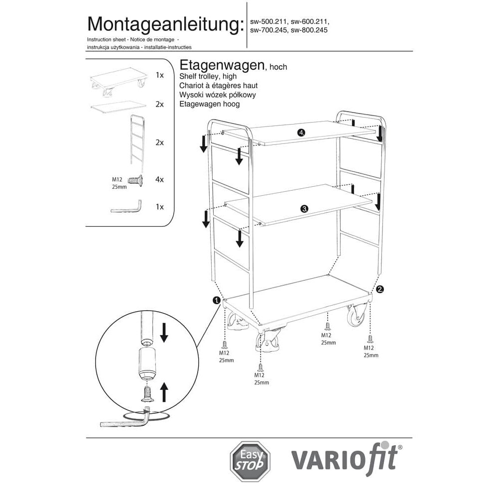 Pomični voziček visok s 3 policami 250 kg tip M + EasySTOP-1