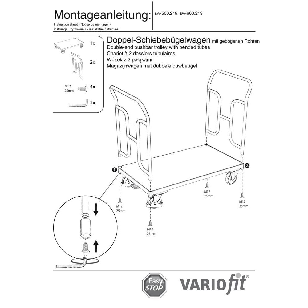 Dvojni voziček s potisnim ročajem, 250 kg, tip L + EasySTOP-0