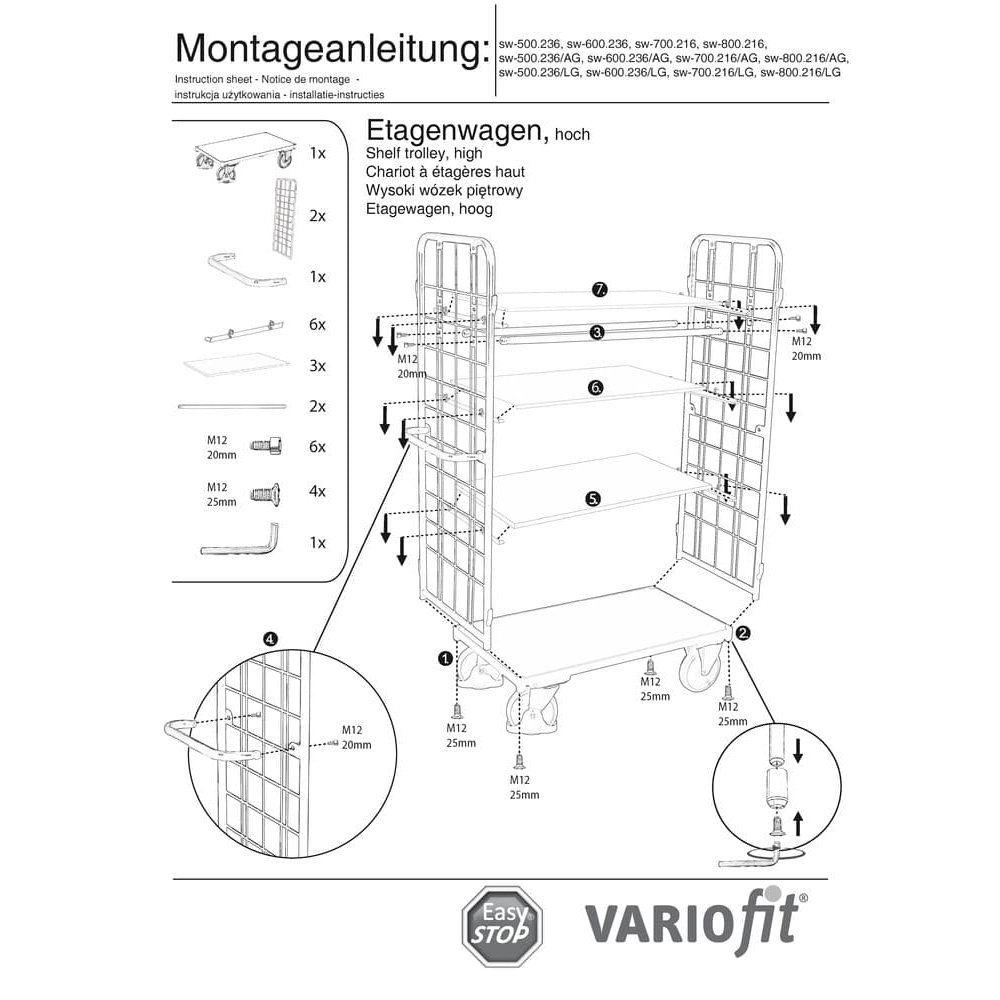 Visok paketni voziček z 2 mrežastima stenama + 4 policami 500 kg nosilnosti Tip M + EasySTOP-0