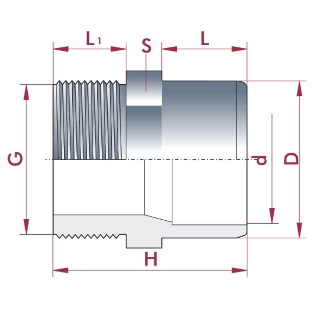 PVC-U prehodna spojka x AG 32-25mm x 3/4" PN10-0