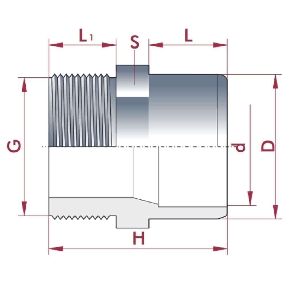 PVC-U prehod spojka x AG 50-40mm x 1 1/2" PN10-0