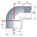 PVC-U 90°Kotni kos Muffa x AG 63 mm x 2" PN10-0