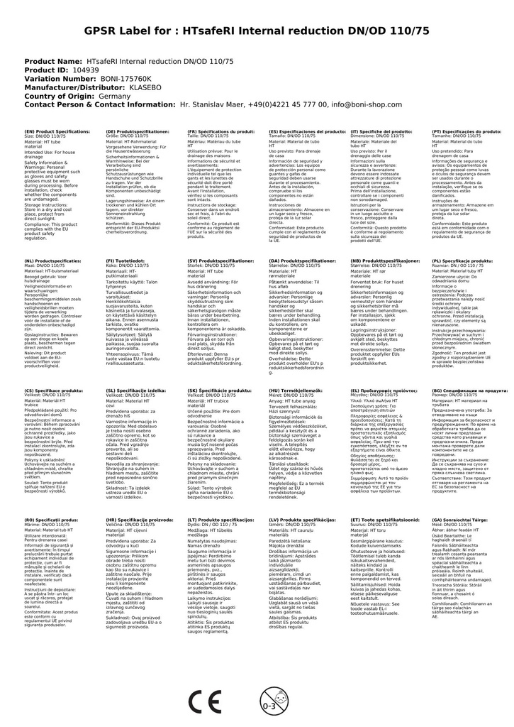 HTsafeRI notranja redukcija DN/OD 110/75-2