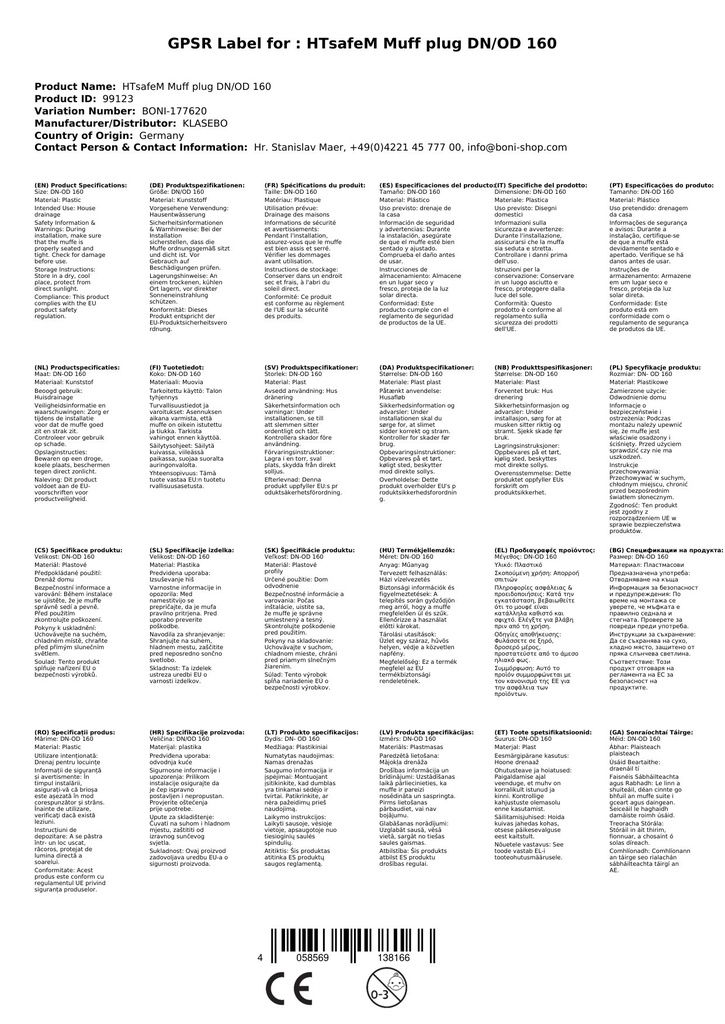 HTsafeM čep za spojke DN/OD 160-2