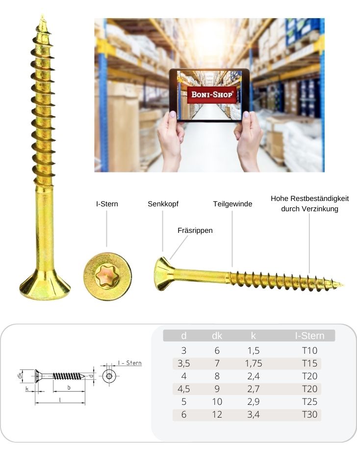 Iverne vijake 4,5 x 80 mm 200 kosov z I-zvezdo, vgrezno glavo, delnim navojem in rezalnimi rebri pod glavo-2